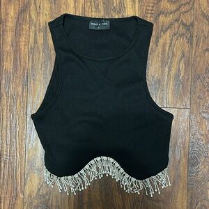 White Fox Boutique Black Beaded Fringe Crop Top